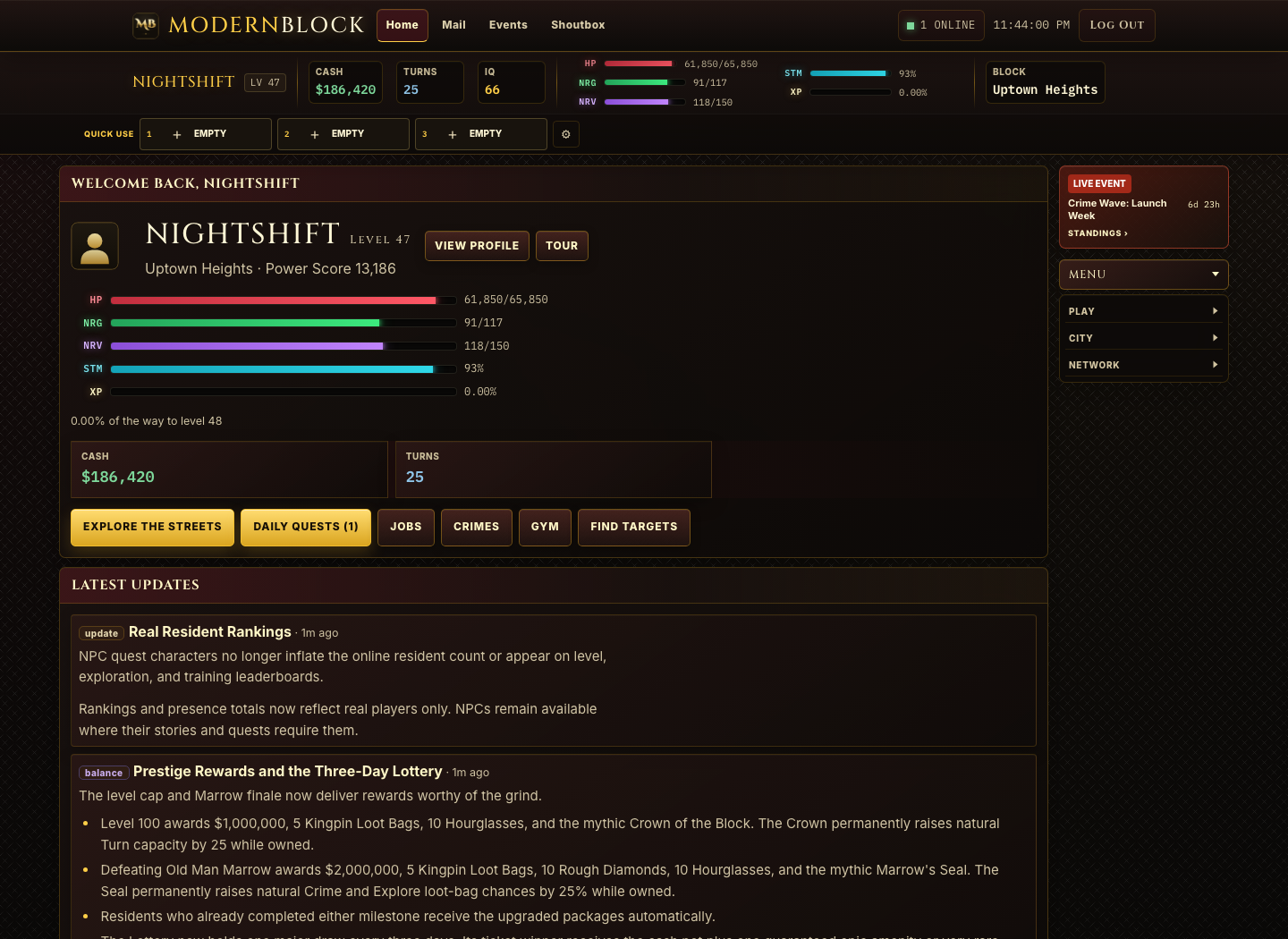 Modern Block player dashboard showing character stats, actions, events, and navigation